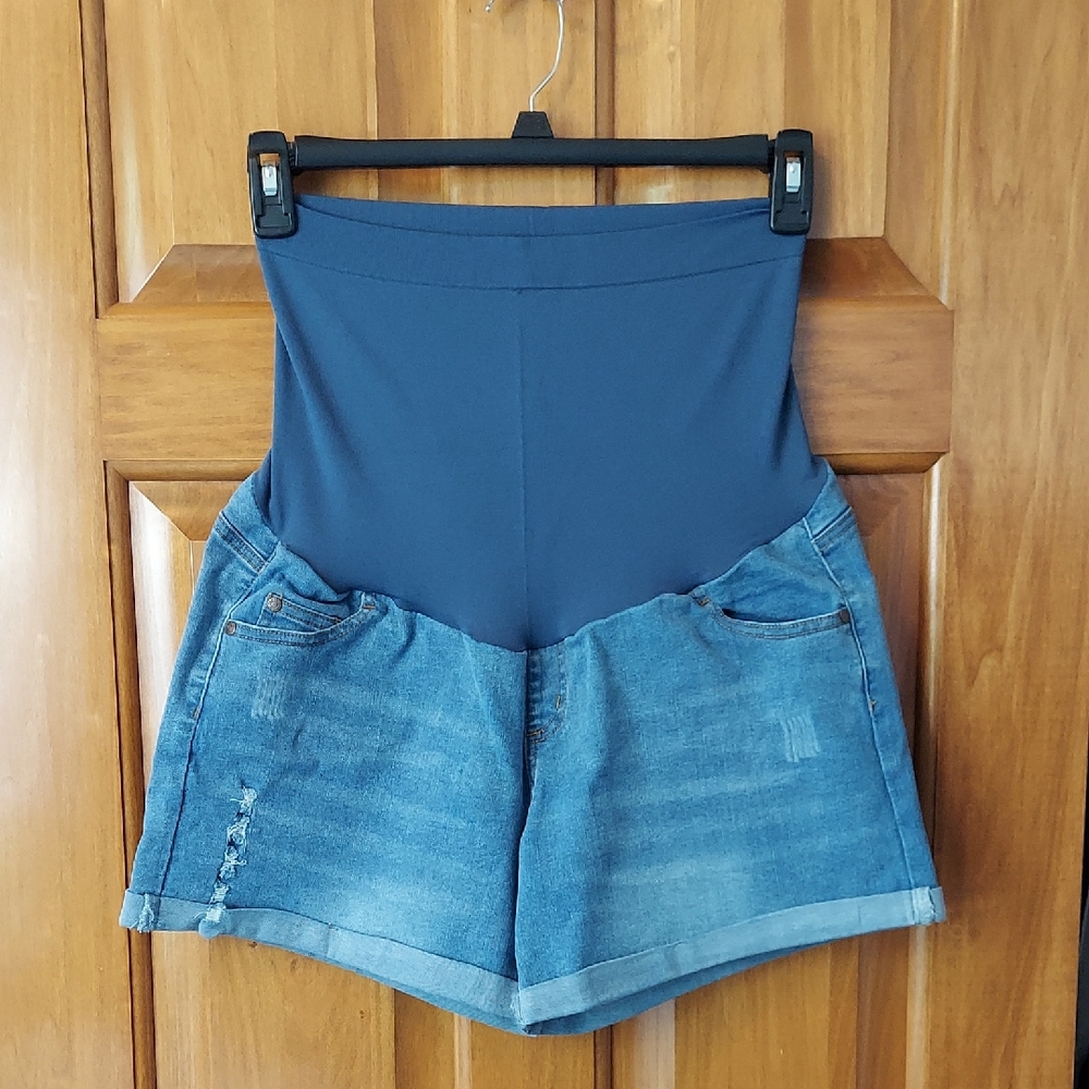 * HoFish Maternity Stretchy Distressed Blue Denim Cuffed Shorts Size XL Like New